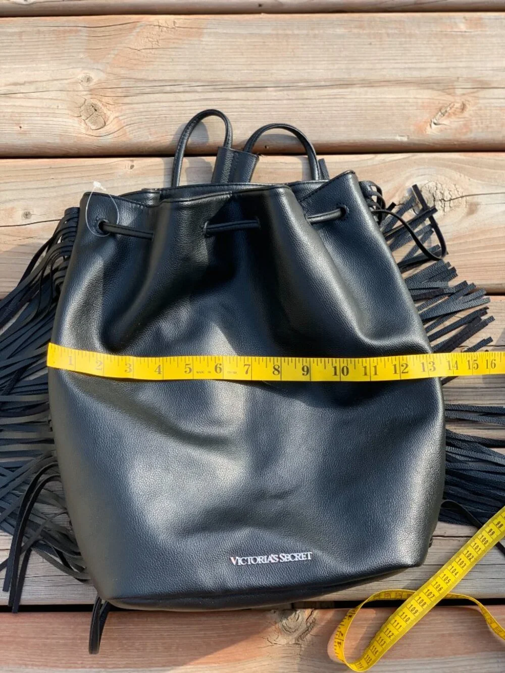Victoria’s Secret Black Fringe Backpack Faux Leather Drawstring Bucket Bag Purse